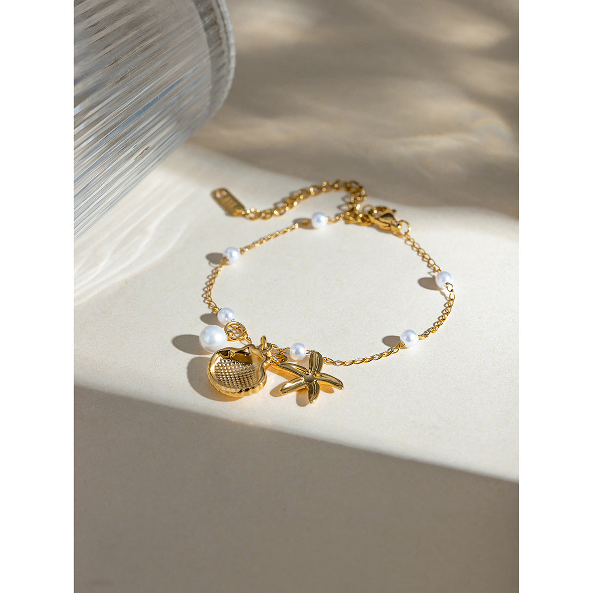 Fashion Jewelry 18K Gold Pearl Chain Summer Holiday Shell Starfish Pendant Bracelet