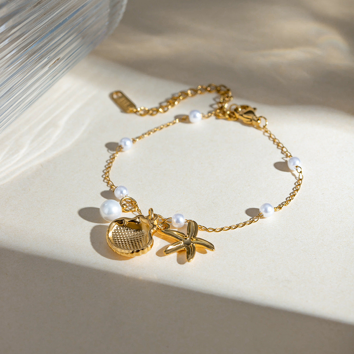 Fashion Jewelry 18K Gold Pearl Chain Summer Holiday Shell Starfish Pendant Bracelet