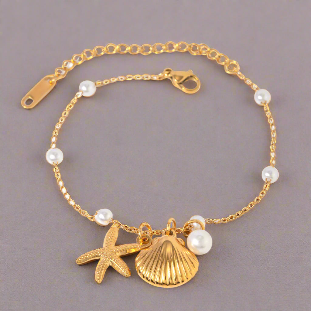 Fashion Jewelry 18K Gold Pearl Chain Summer Holiday Shell Starfish Pendant Bracelet