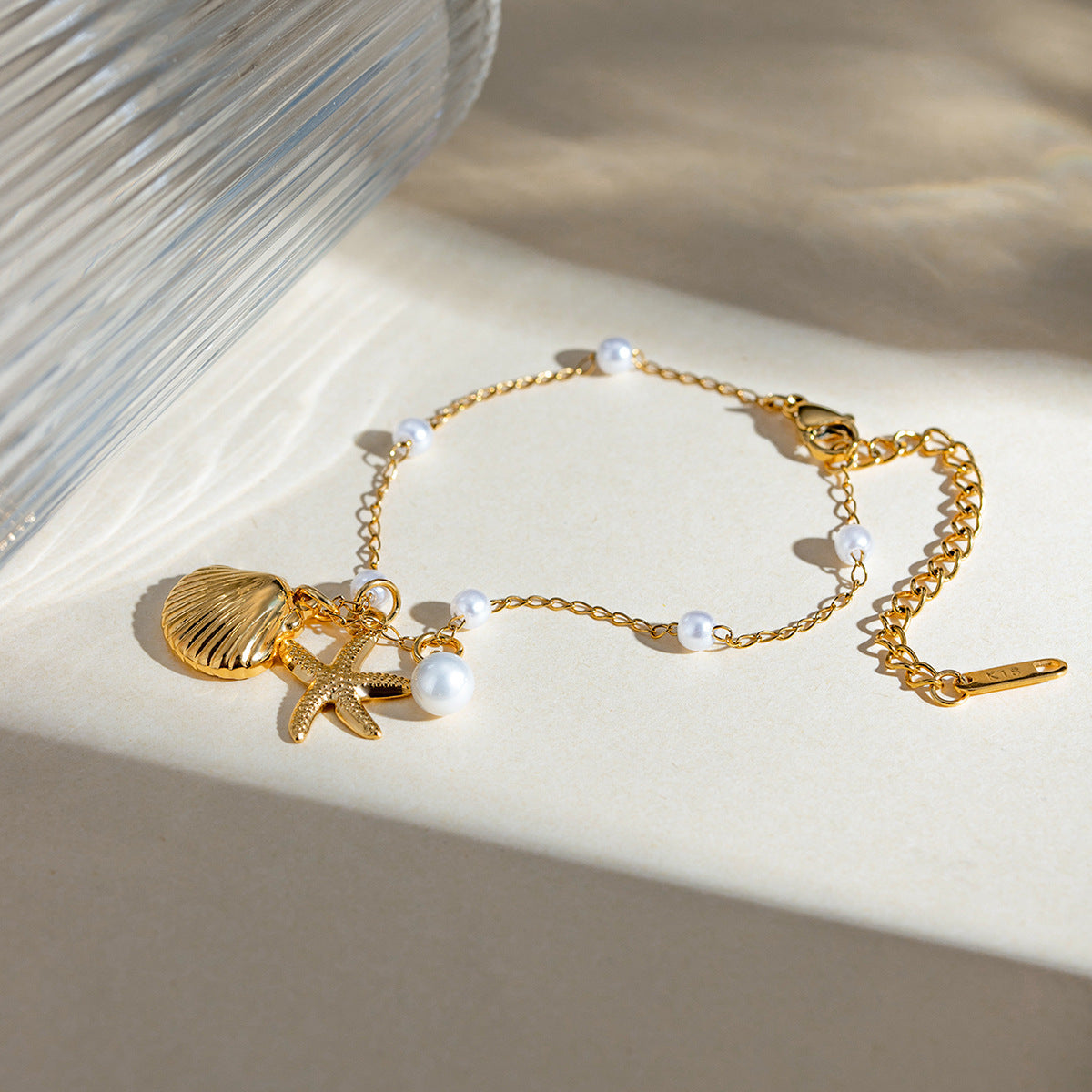 Fashion Jewelry 18K Gold Pearl Chain Summer Holiday Shell Starfish Pendant Bracelet