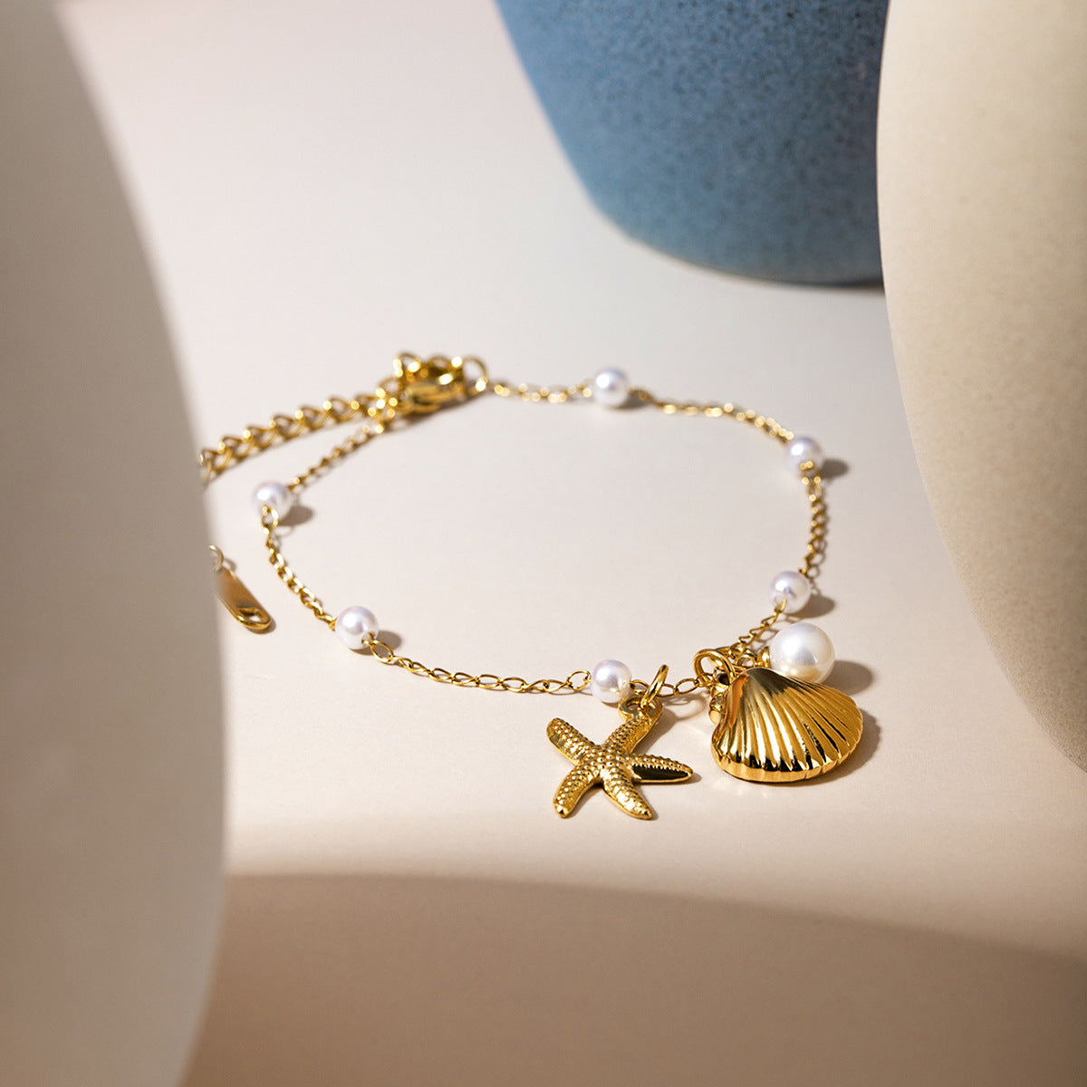 Fashion Jewelry 18K Gold Pearl Chain Summer Holiday Shell Starfish Pendant Bracelet